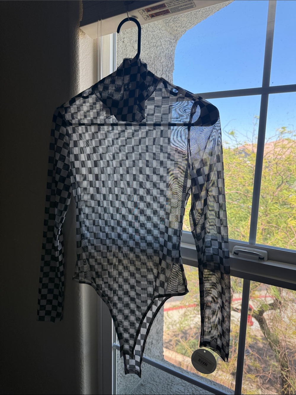 Think Cute Sheer Black and white Checkered Long-Sleeve Bodysuit